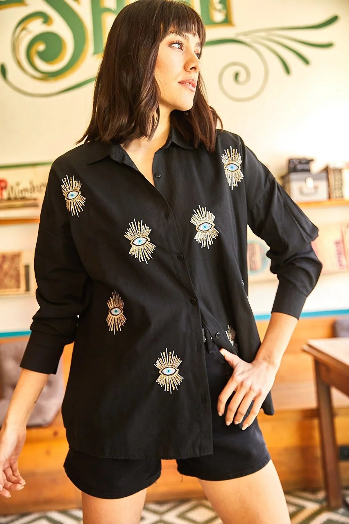 Evil Eye Embroidered Cotton Blouse