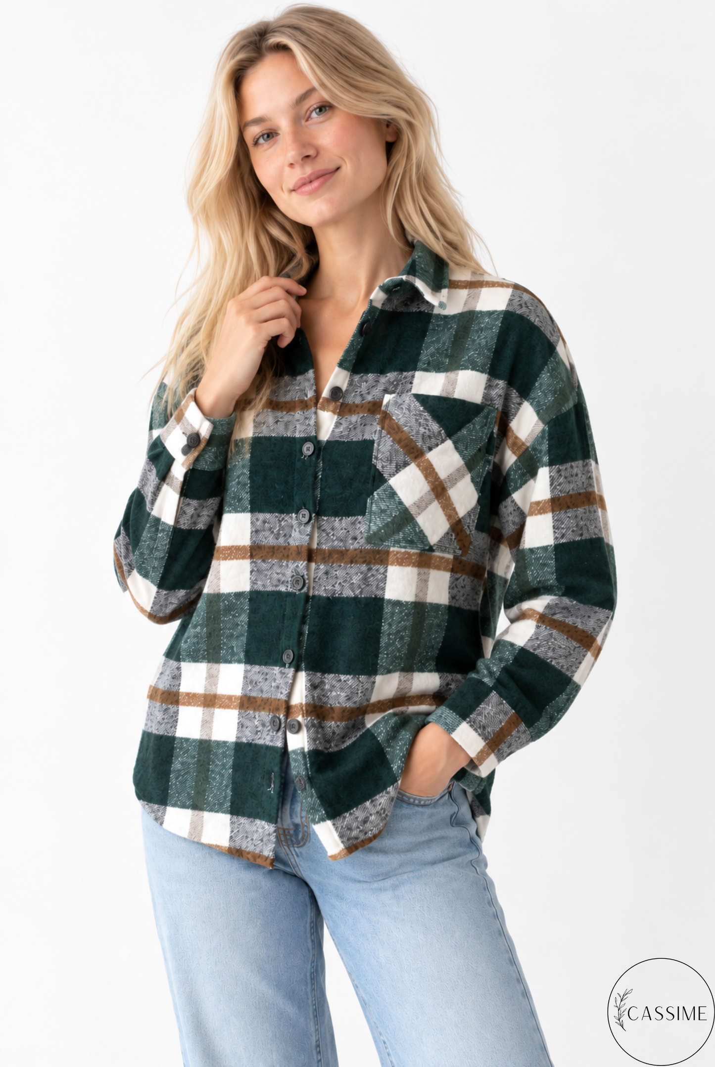 Chaqueta-camisa de cuadros de algodón azul suave crema Harper con capucha