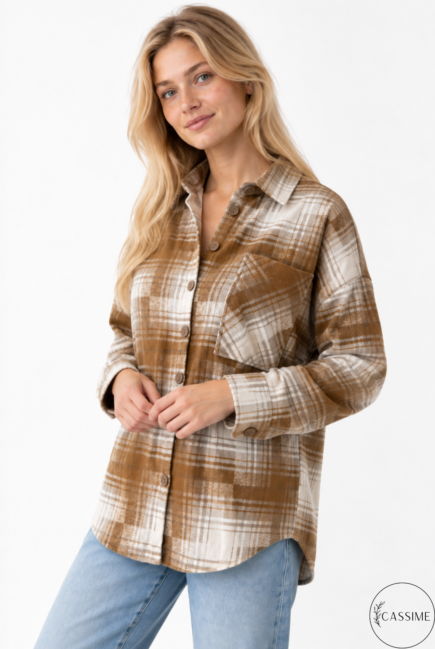 Chaqueta-camisa de cuadros de algodón azul suave crema Harper con capucha