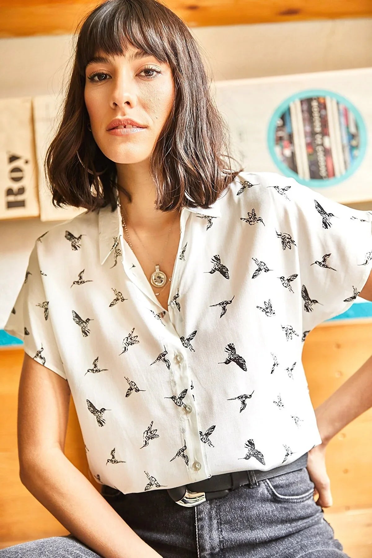 Bird Print Button Down White Blouse