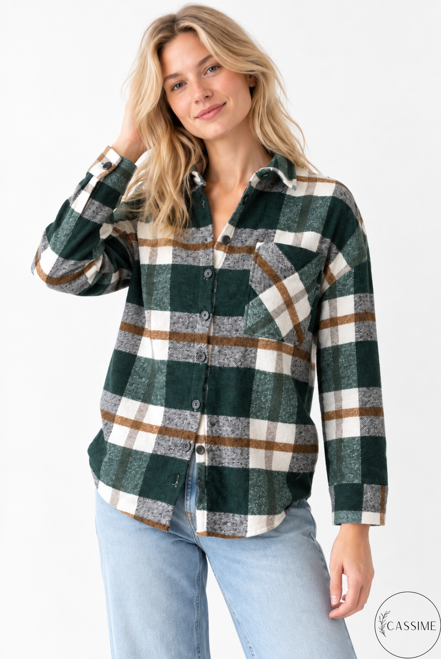 Chaqueta-camisa de cuadros de algodón azul suave crema Harper con capucha