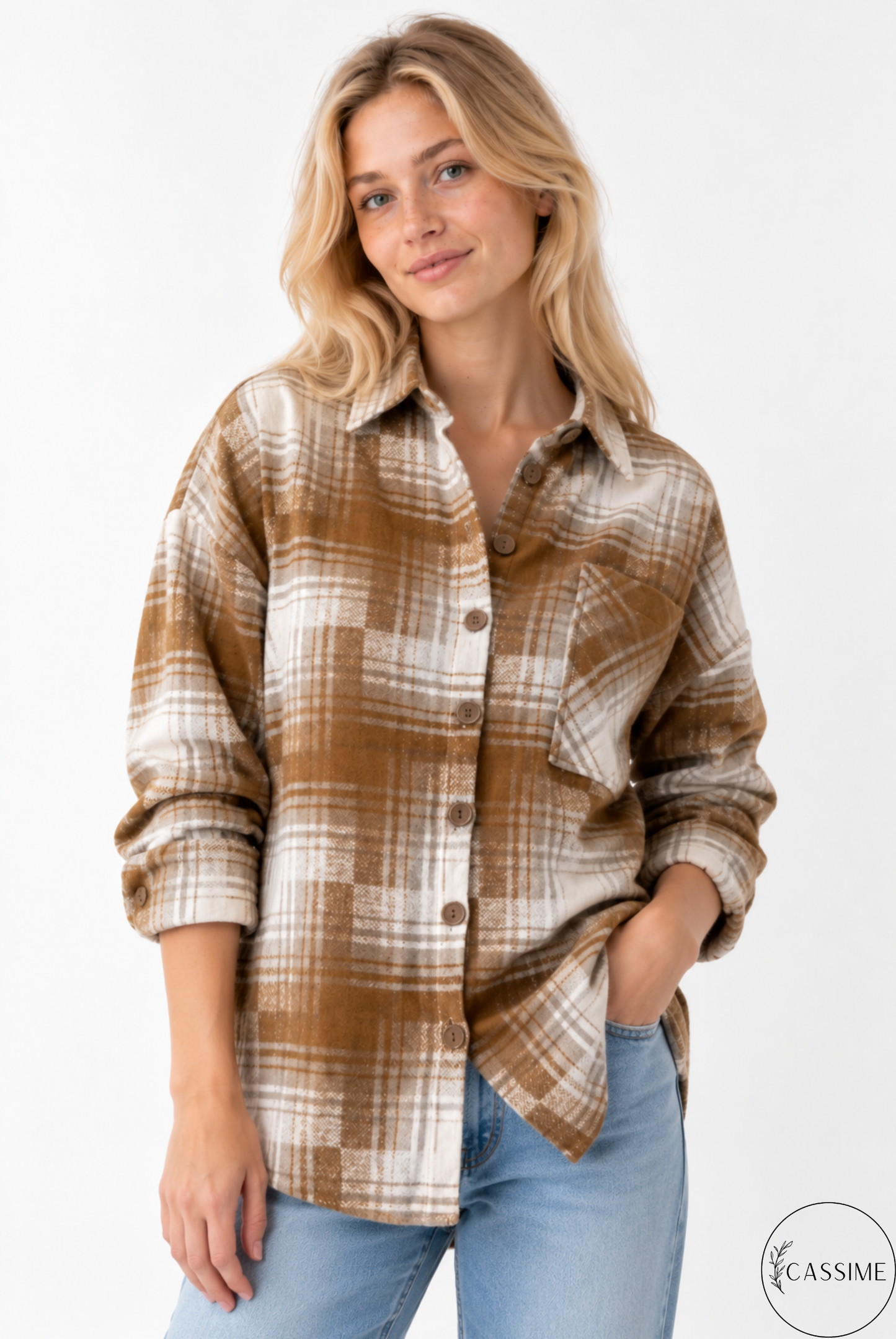 Chaqueta-camisa de cuadros de algodón azul suave crema Harper con capucha