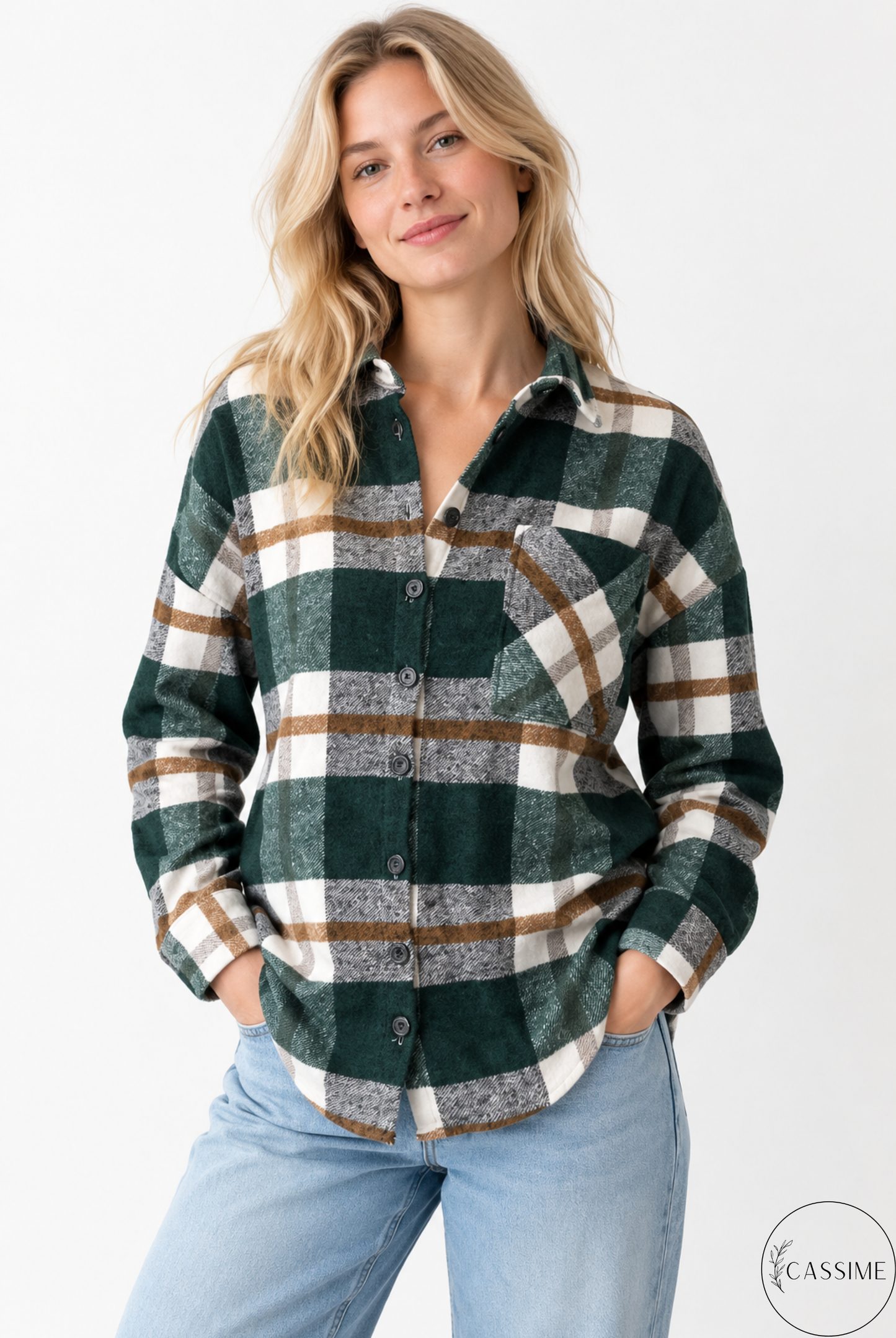 Chaqueta-camisa de cuadros de algodón azul suave crema Harper con capucha