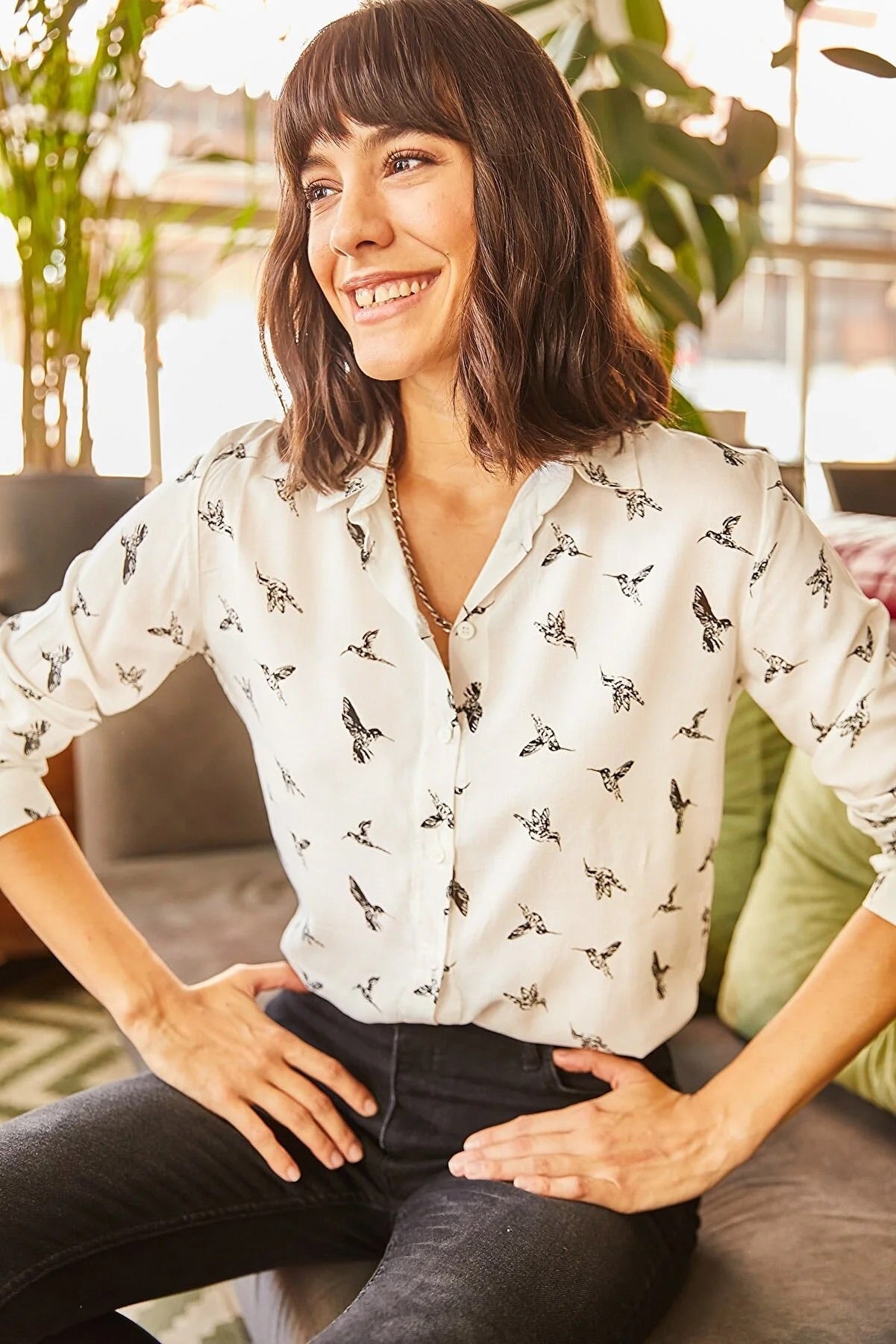 Bird Print Button Down White Blouse