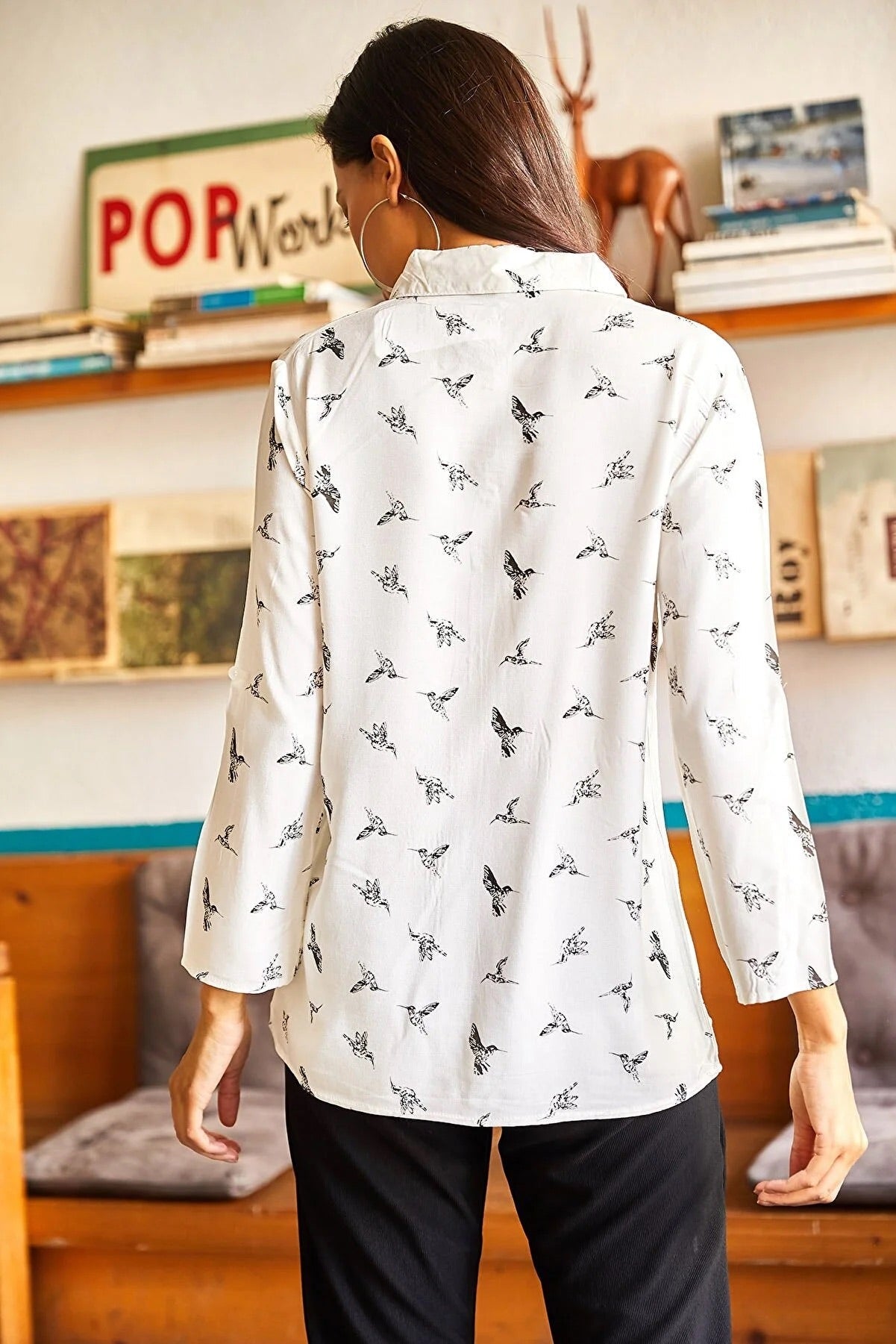 Bird Print Button Down White Blouse