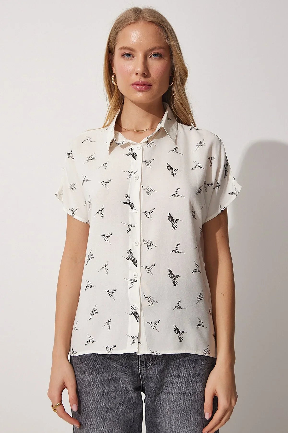 Bird Print Button Down White Blouse