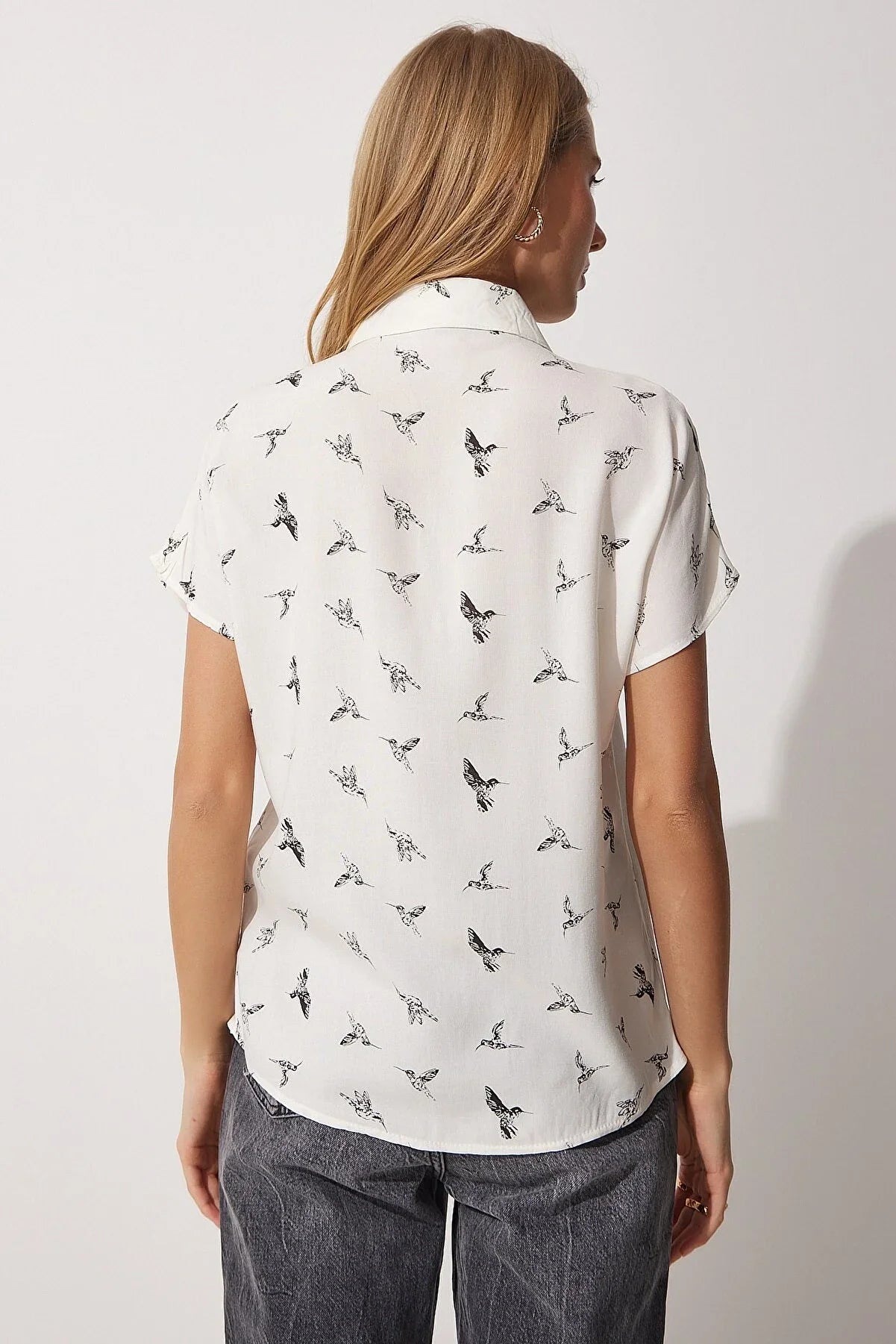 Bird Print Button Down White Blouse