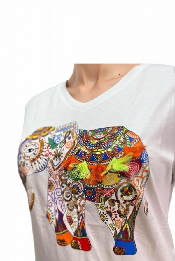 Tilda White Elephant Sequin Cotton T-Shirt
