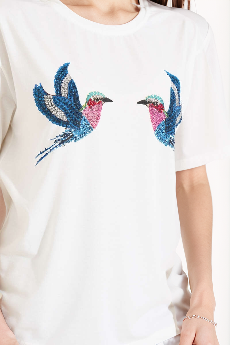 Tilly White Bird Design Sequin Cotton T-Shirt