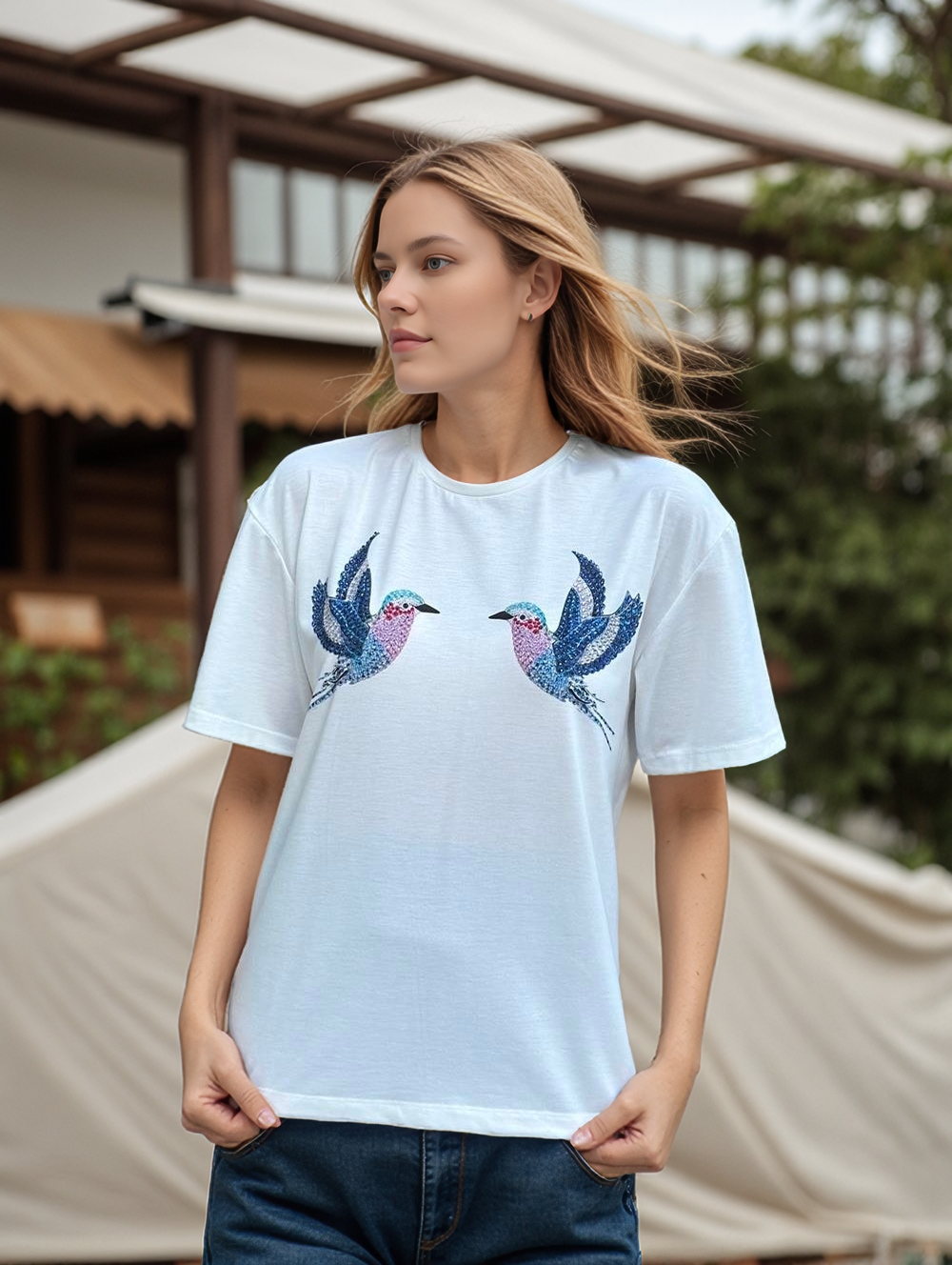 Tilly White Bird Design Sequin Cotton T-Shirt
