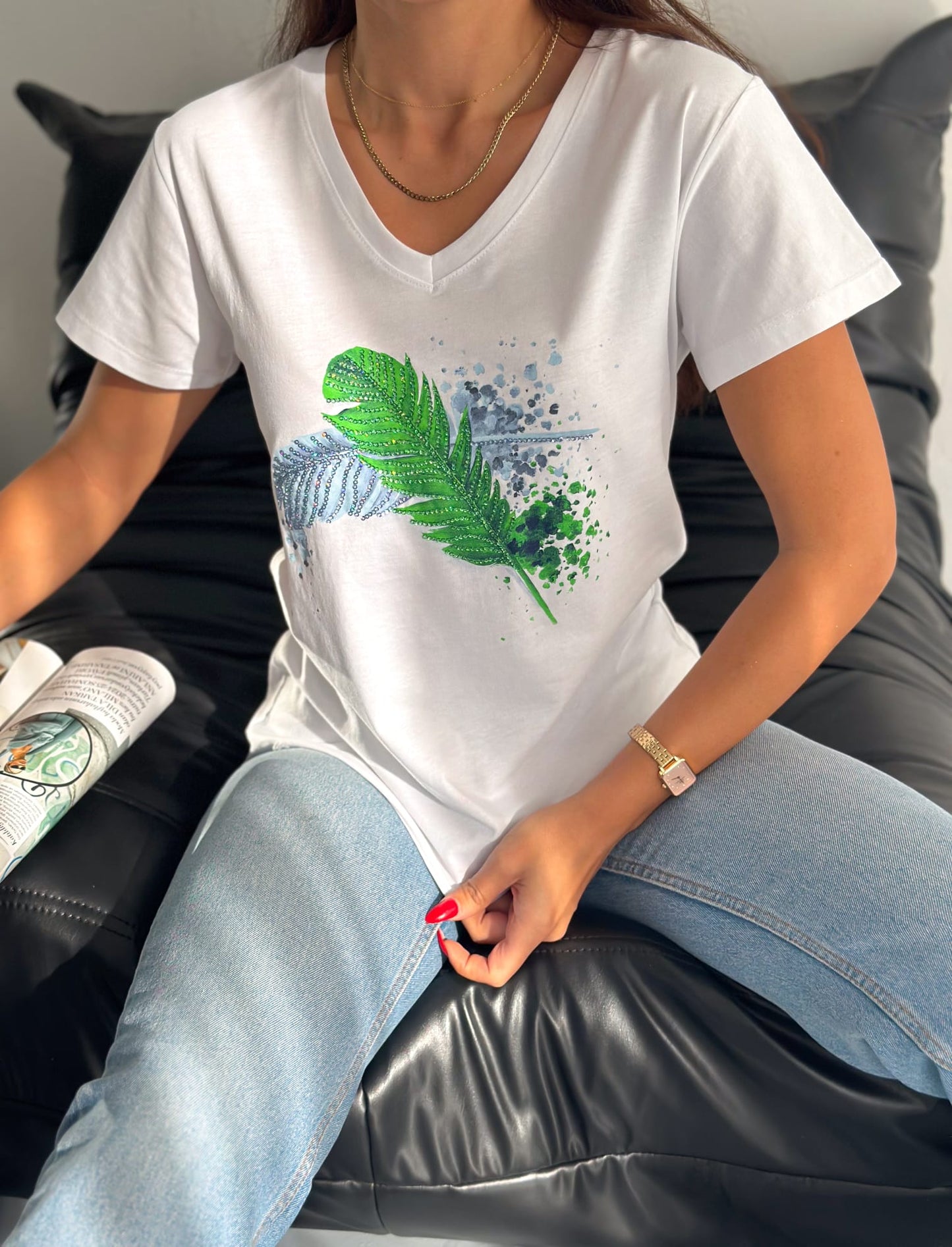 Tilda Yaprak Desenli Payetli Pamuklu Kısa Kollu Tişört - Siyah 