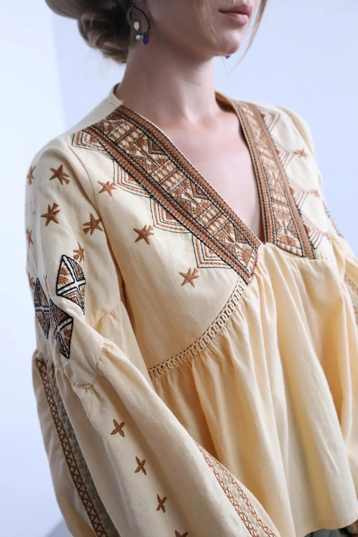 Bohemian Brown Embroidered V-Neck Top