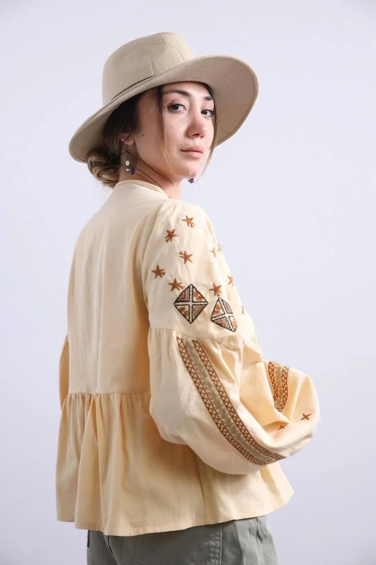 Bohemian Brown Embroidered V-Neck Top