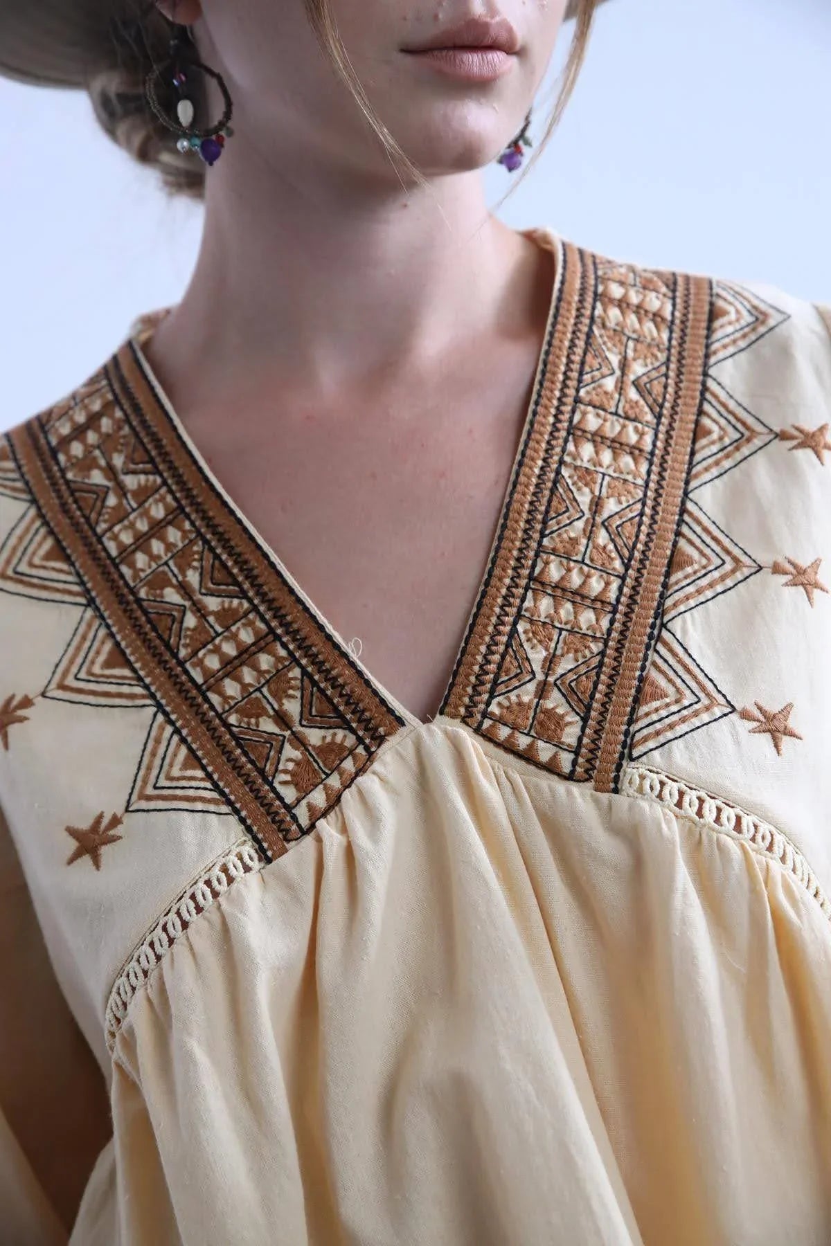 Bohemian Brown Embroidered V-Neck Top