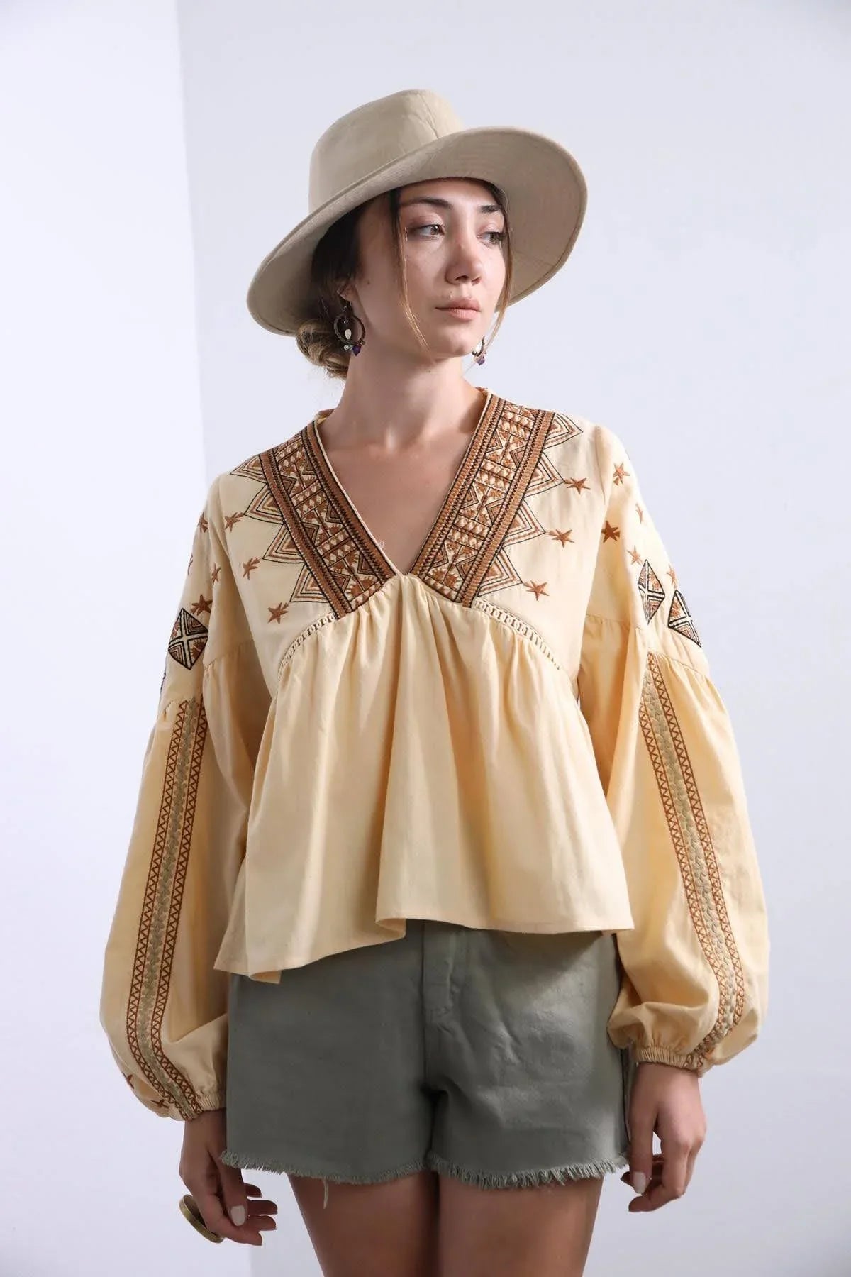 Bohemian Brown Embroidered V-Neck Top