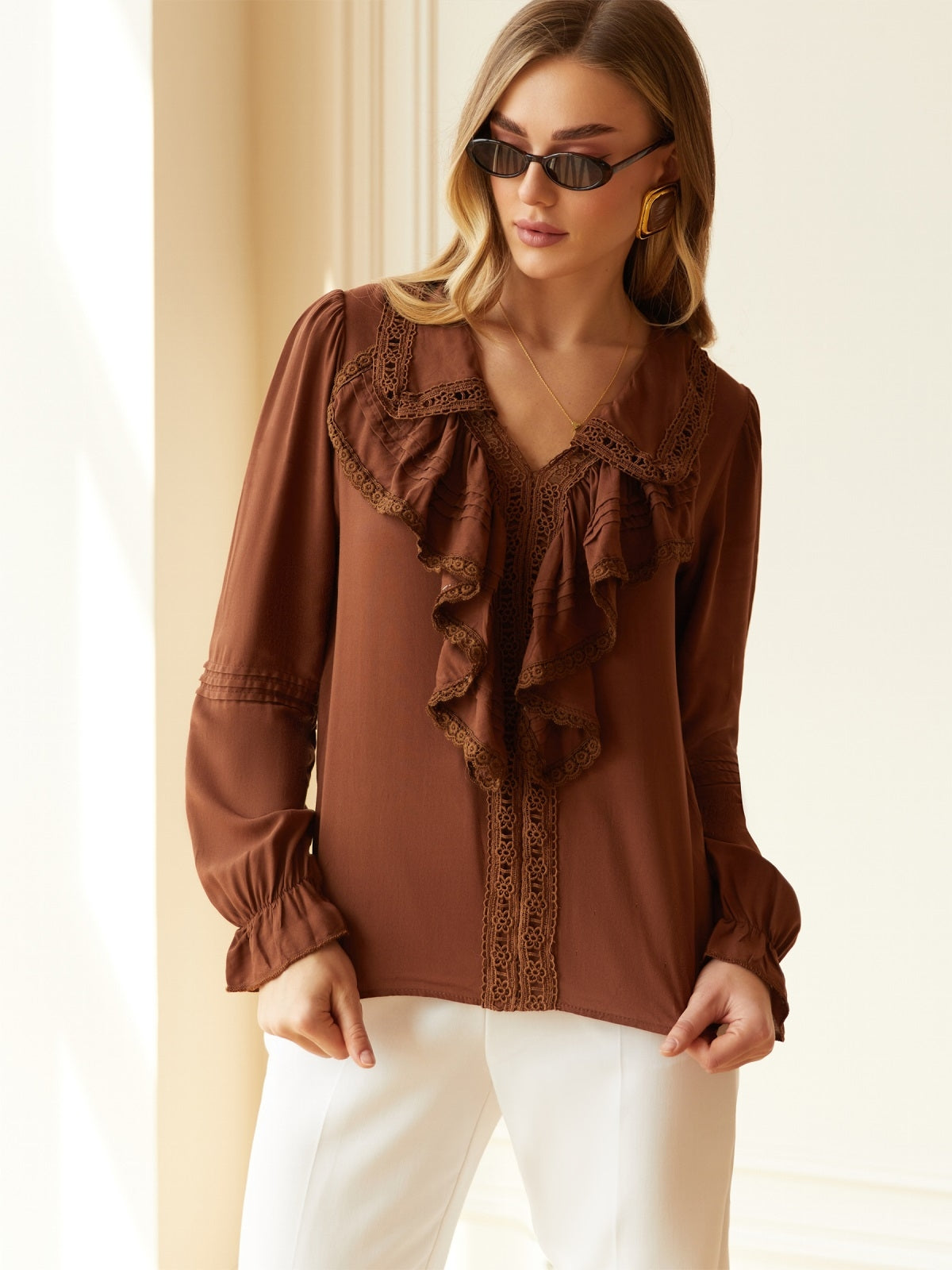 Sienna Ruffle V-Neck Cotton Blouse