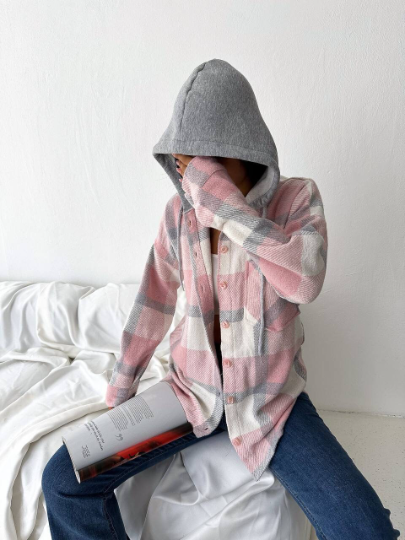 Orange Cream Cotton Plaid Shacket with Hoodie