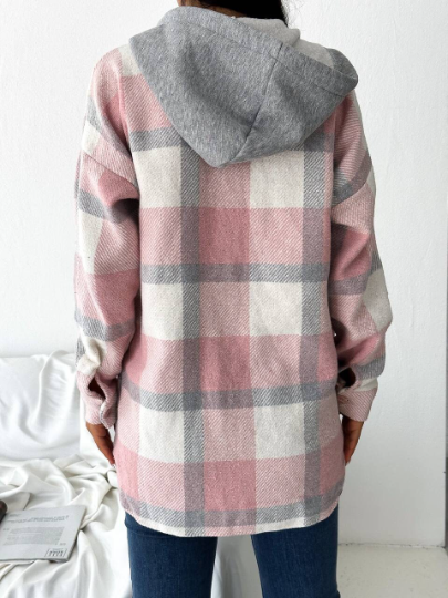 Orange Cream Cotton Plaid Shacket with Hoodie