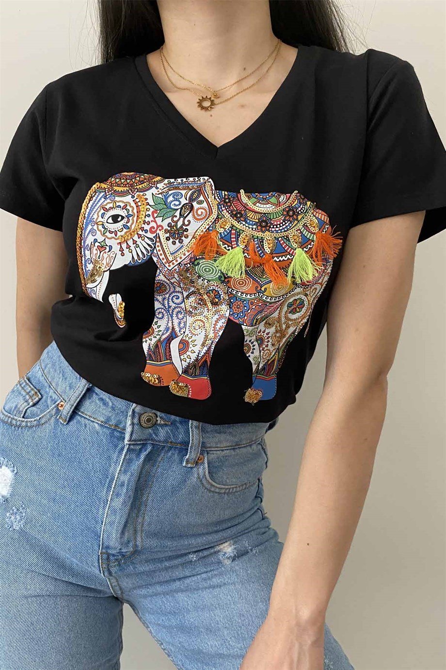 Tilda Black Elephant Sequin Cotton T-Shirt