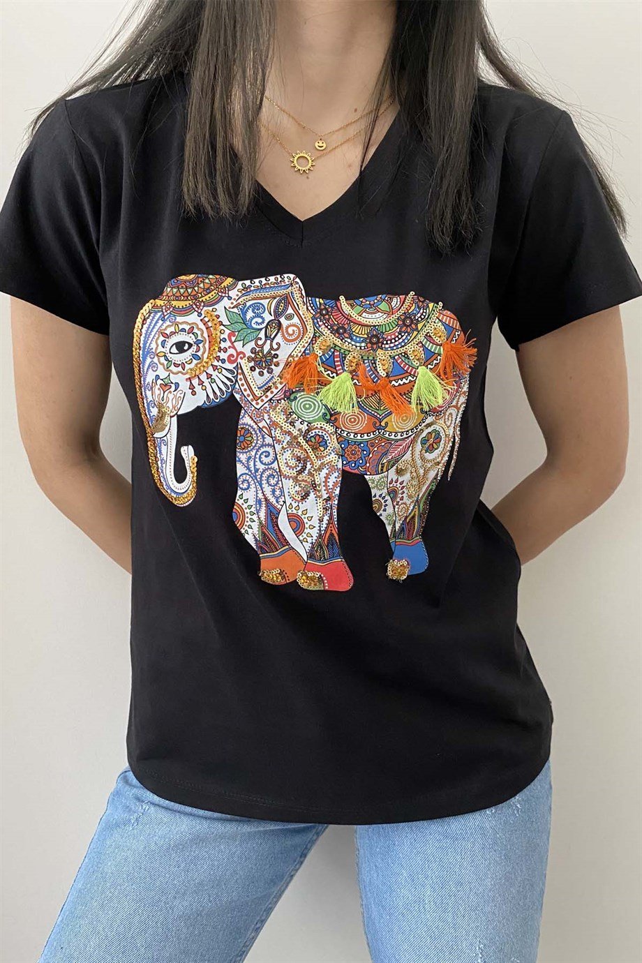 Tilda Black Elephant Sequin Cotton T-Shirt