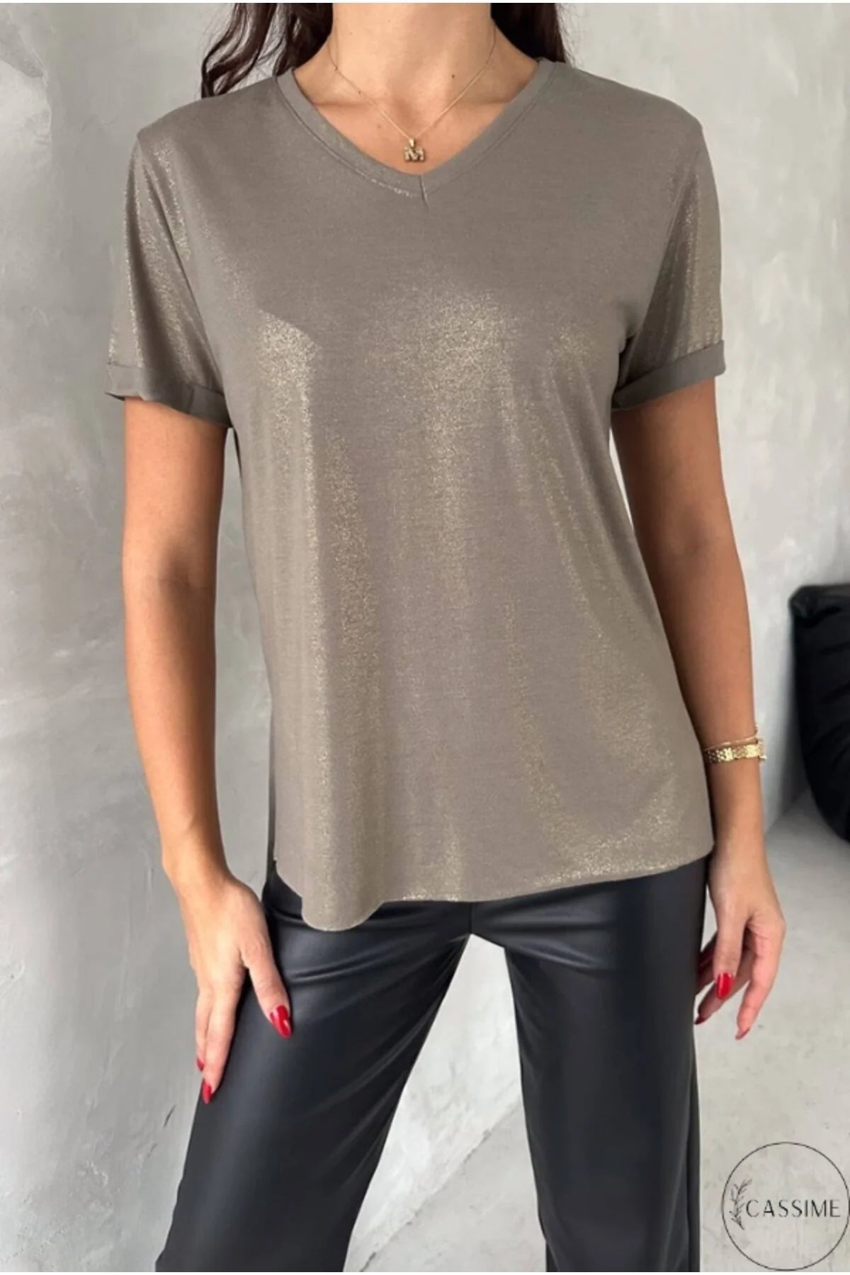 Janine Gold Glitter V-Neck T-shirt