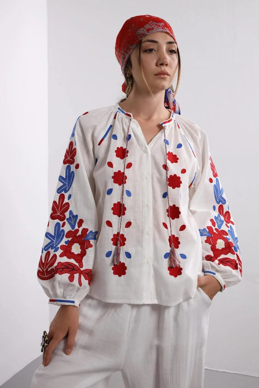 Red &amp; Blue Embroidered Vyshyvanka Blouse