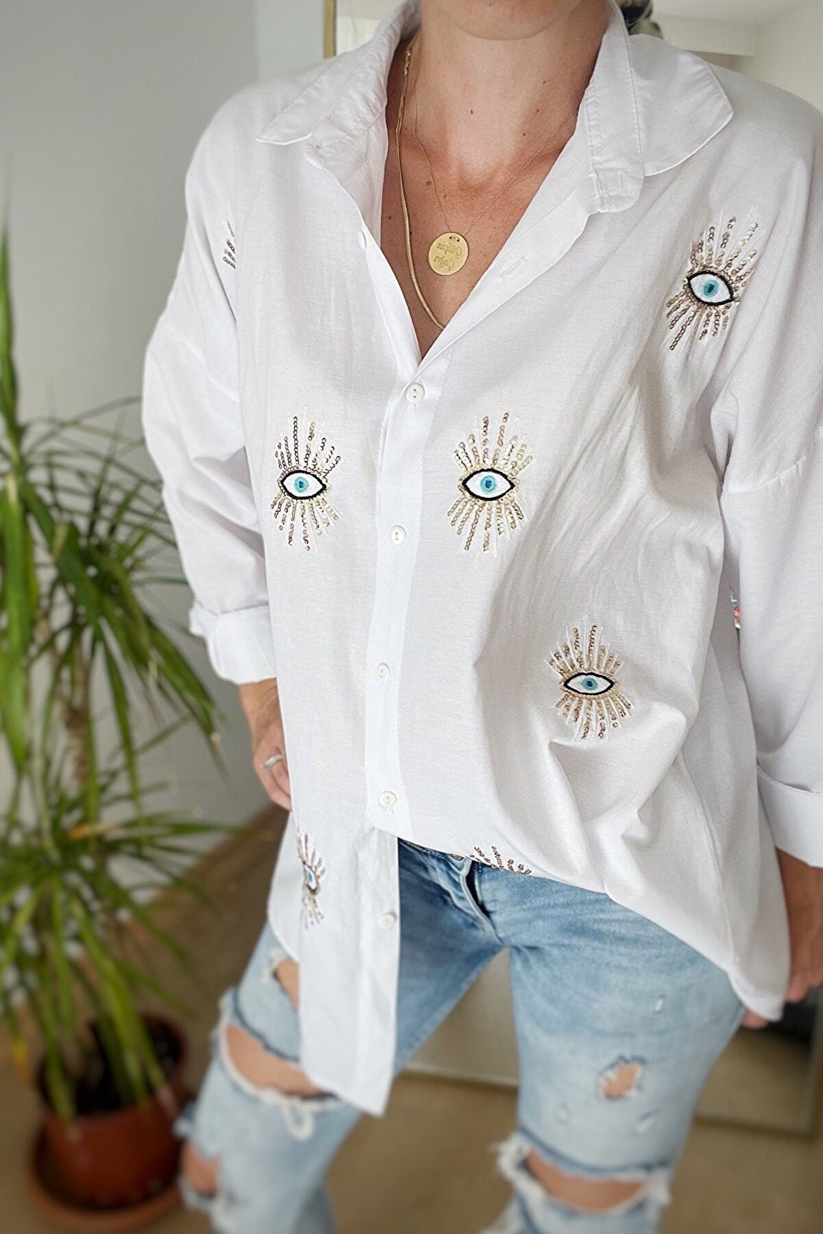 Evil Eye Embroidered Cotton Blouse