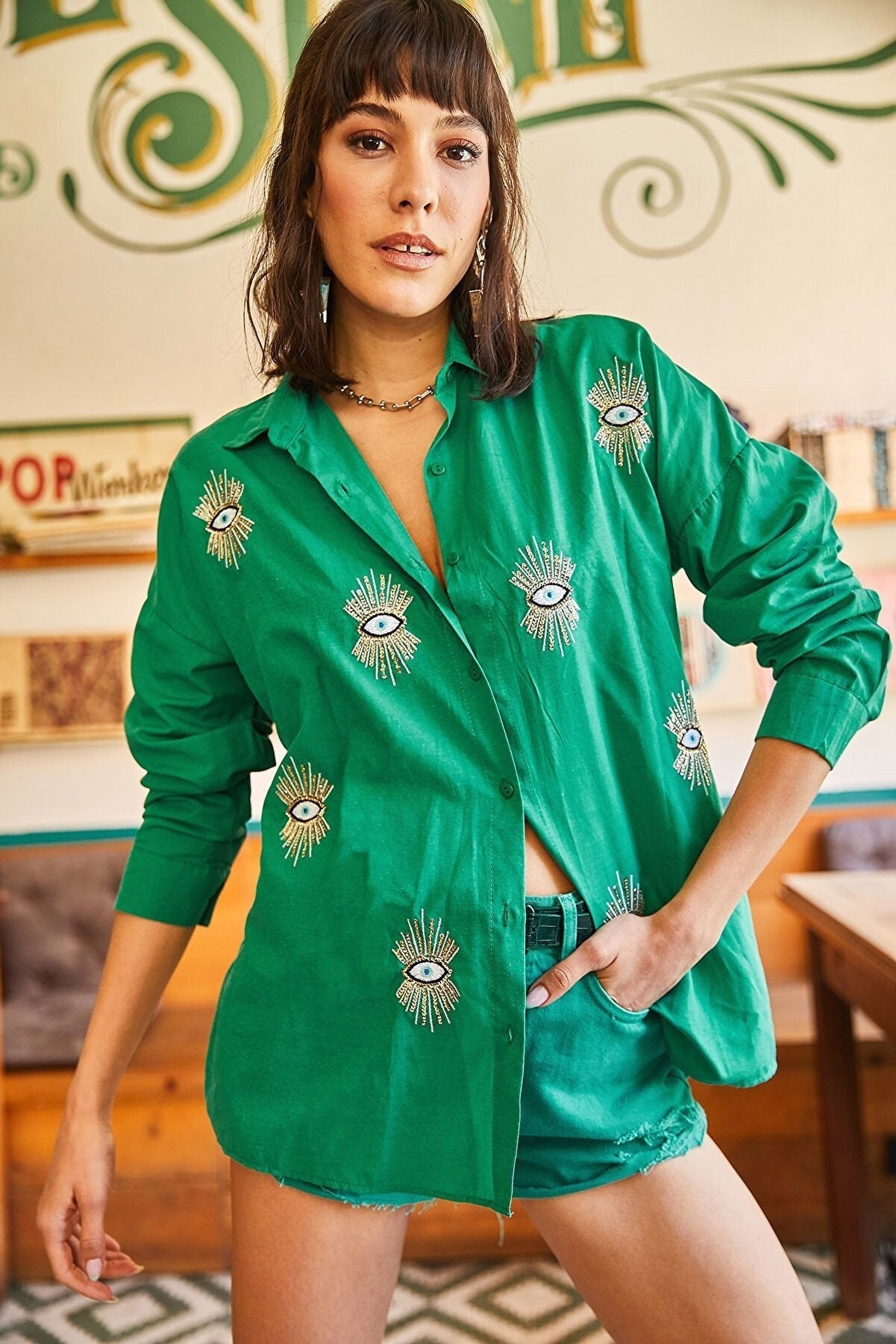 Evil Eye Embroidered Cotton Blouse