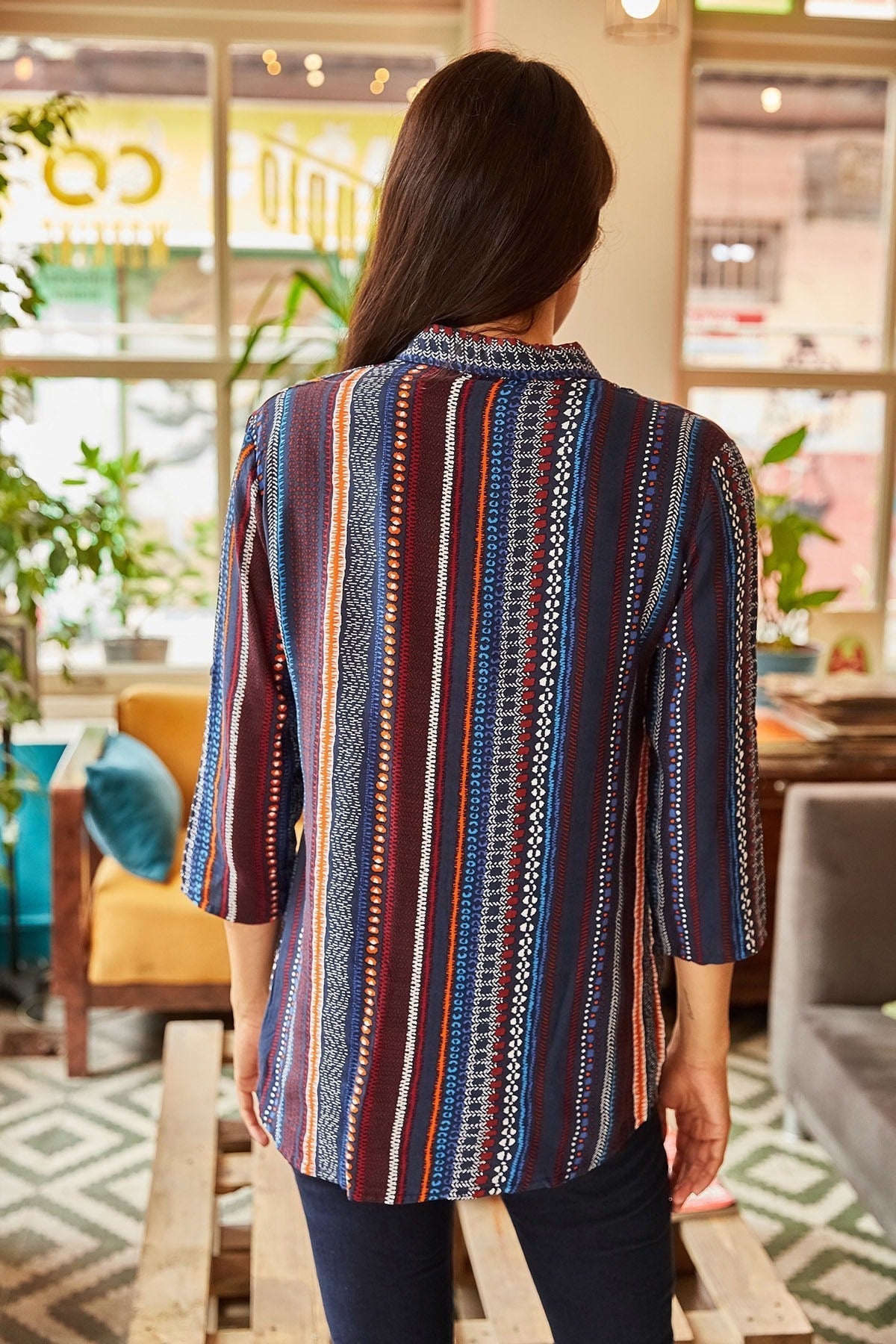 Ethnic Navy Burgundy Striped Blouse