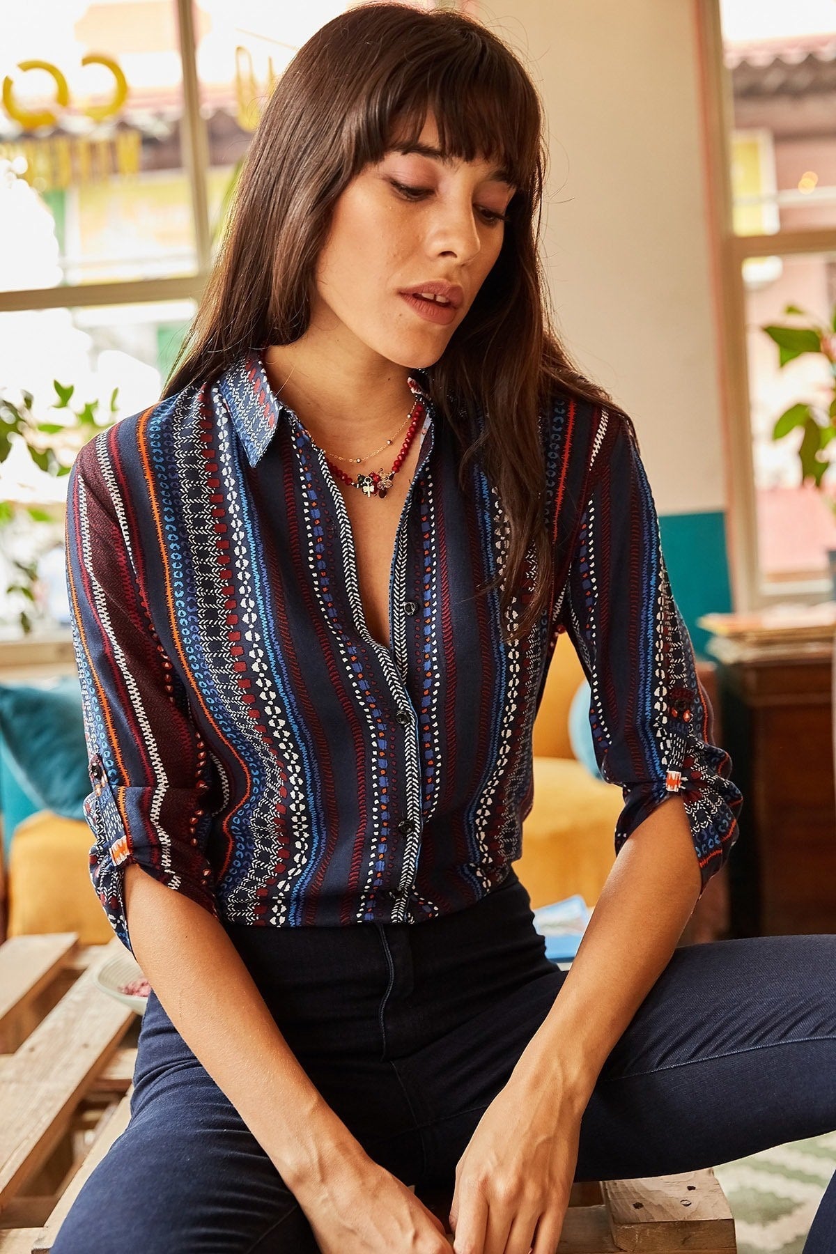 Ethnic Navy Burgundy Striped Blouse