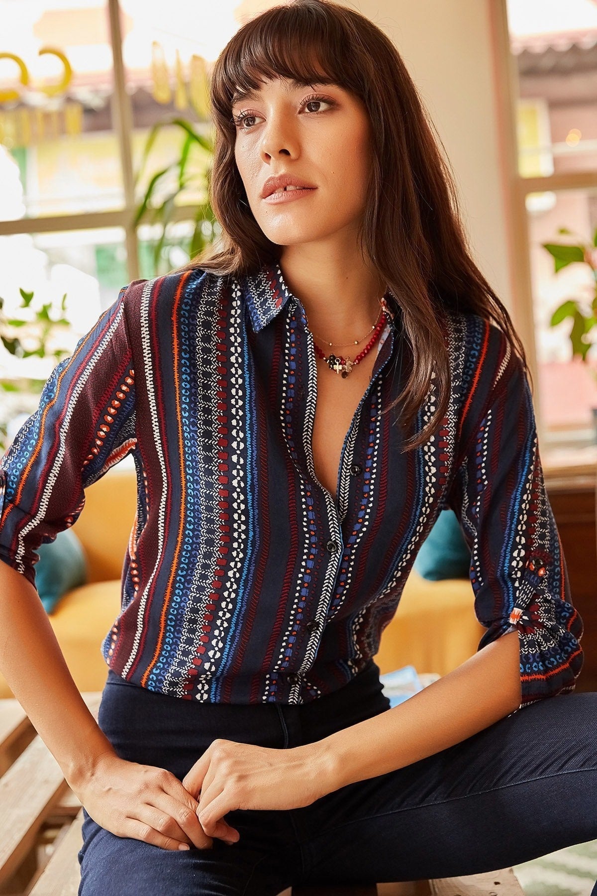 Ethnic Navy Burgundy Striped Blouse