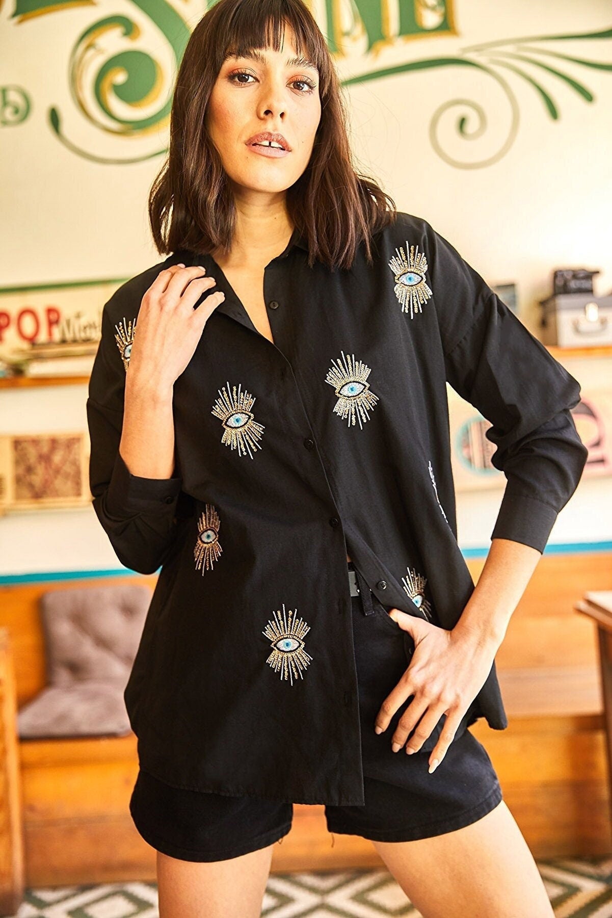 Evil Eye Embroidered Cotton Blouse