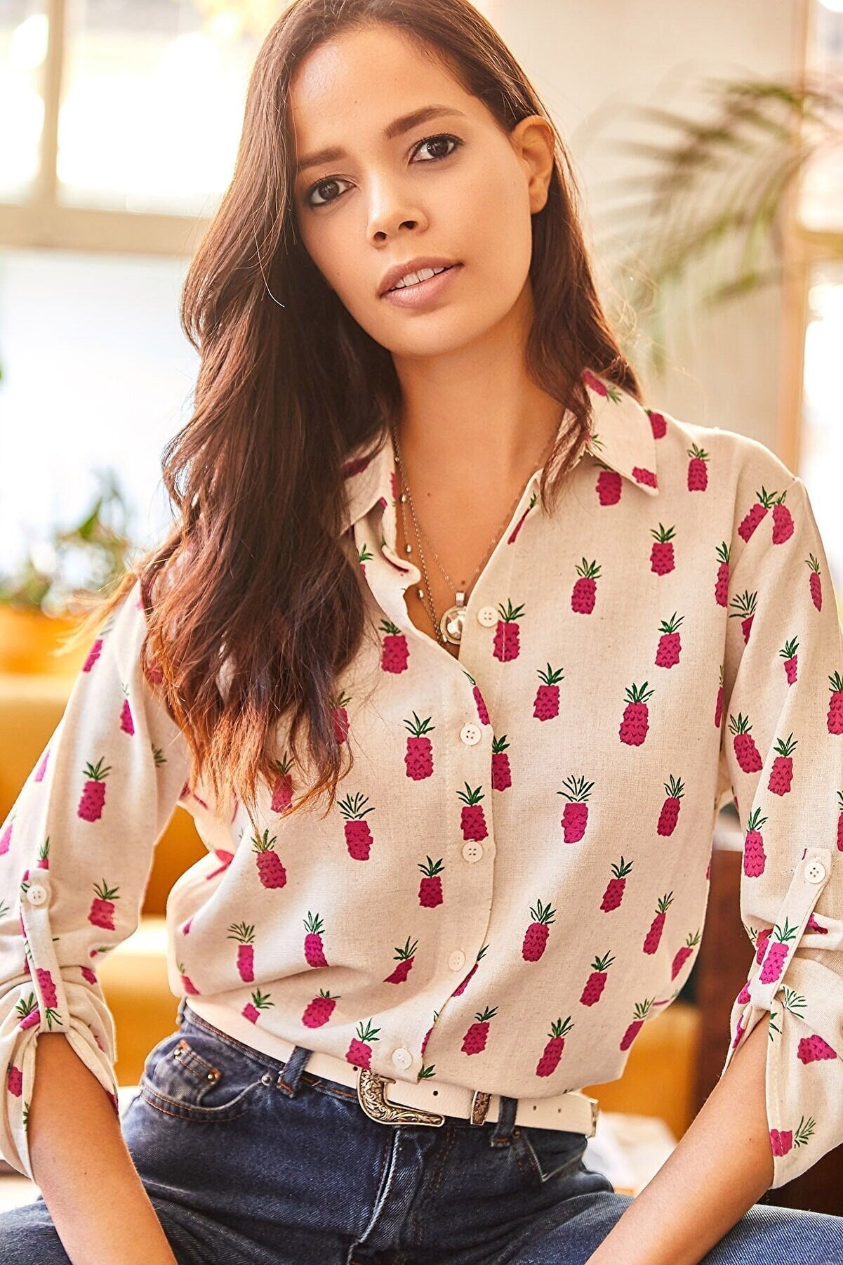 Pineapple Print Linen Blend Blouse