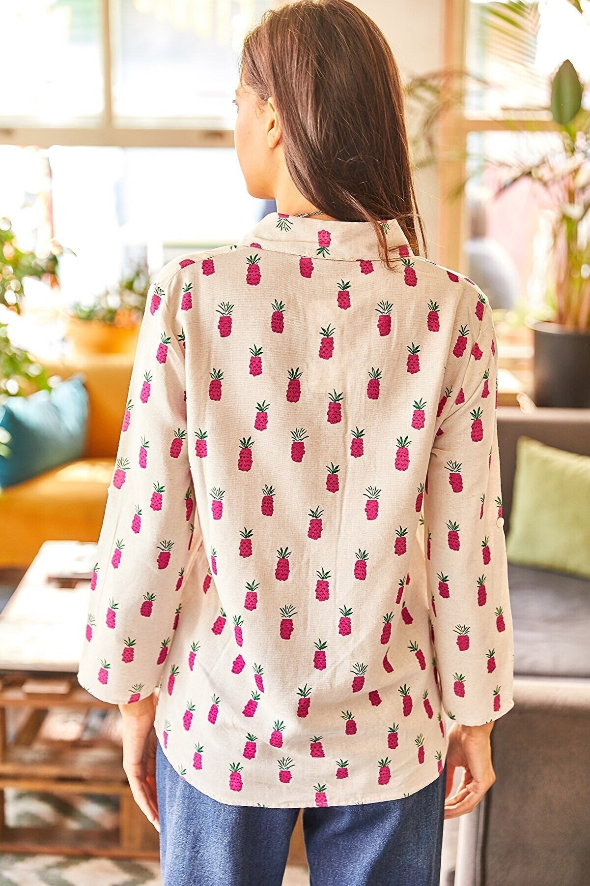 Pineapple Print Linen Blend Blouse