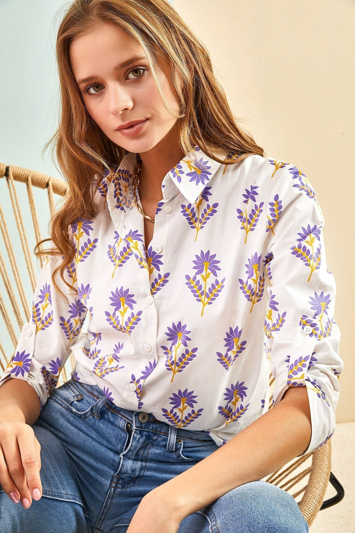 Purple Floral White Blouse