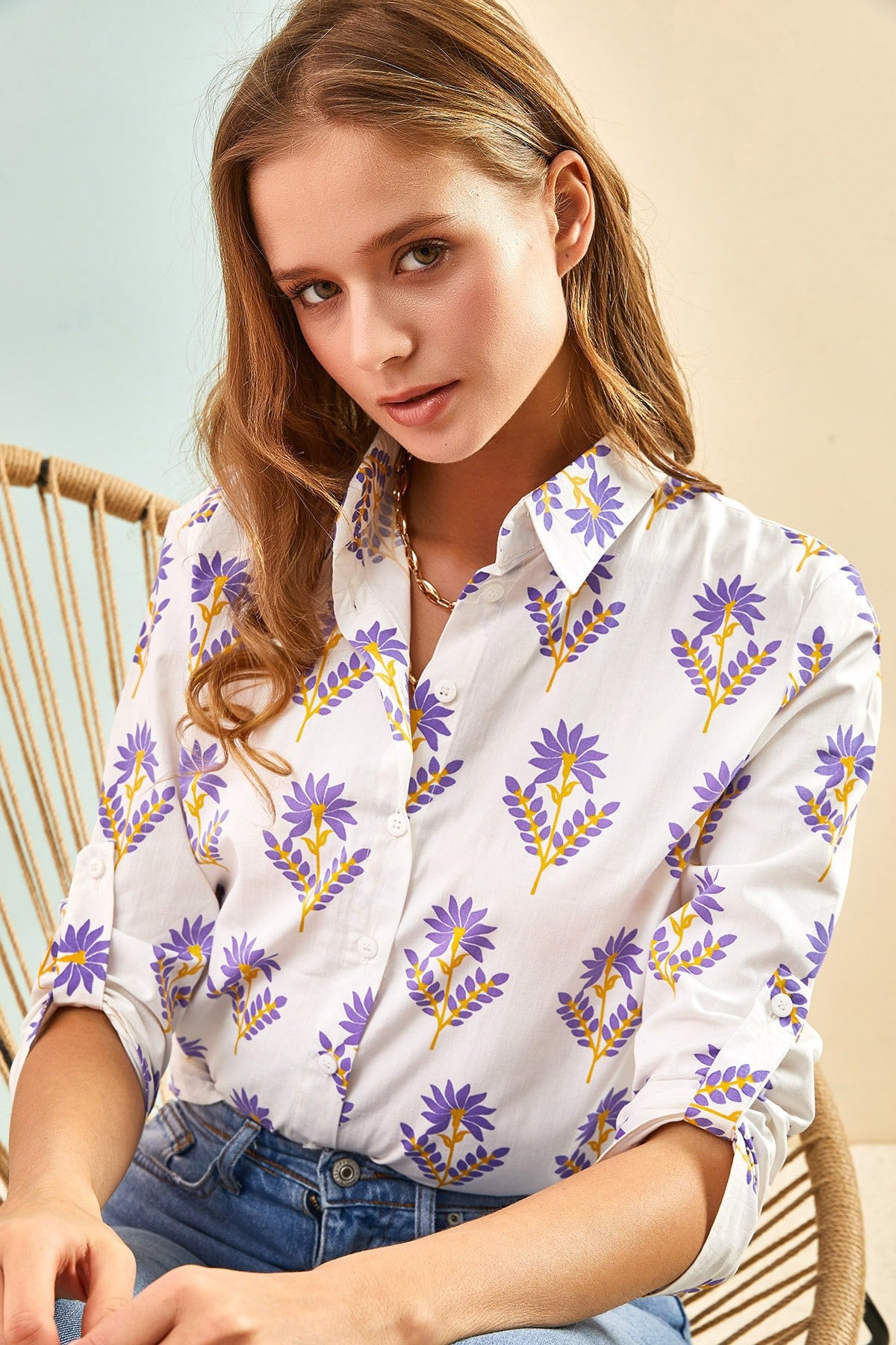 Purple Floral White Blouse