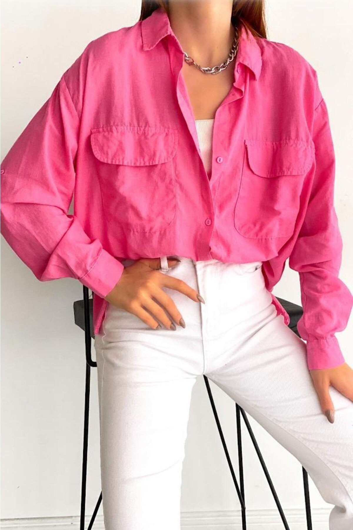 Linen Cotton Pink Blouse with Pockets