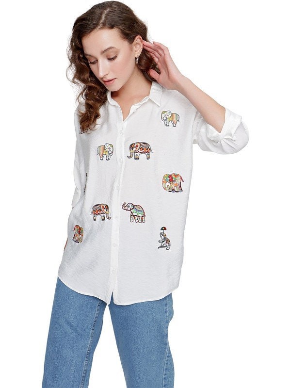 Elephant Embroidered White Linen Blouse