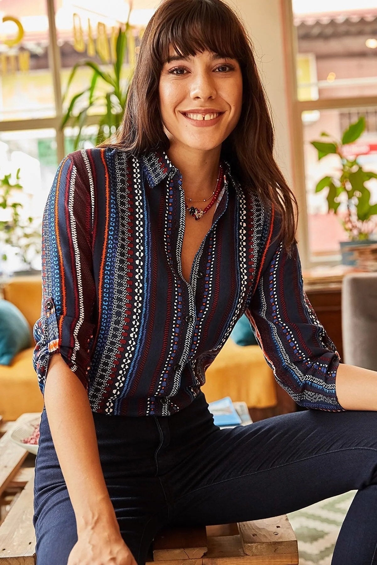 Ethnic Navy Burgundy Striped Blouse