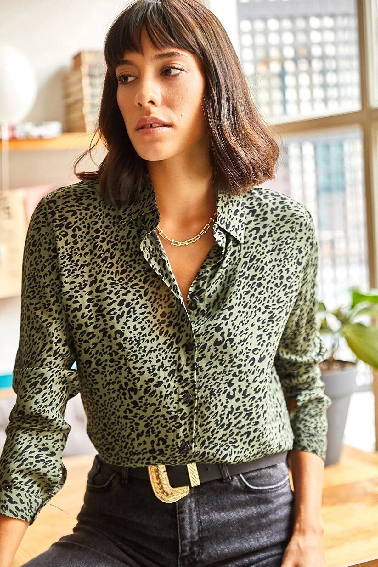 Green Leopard Print Blouse