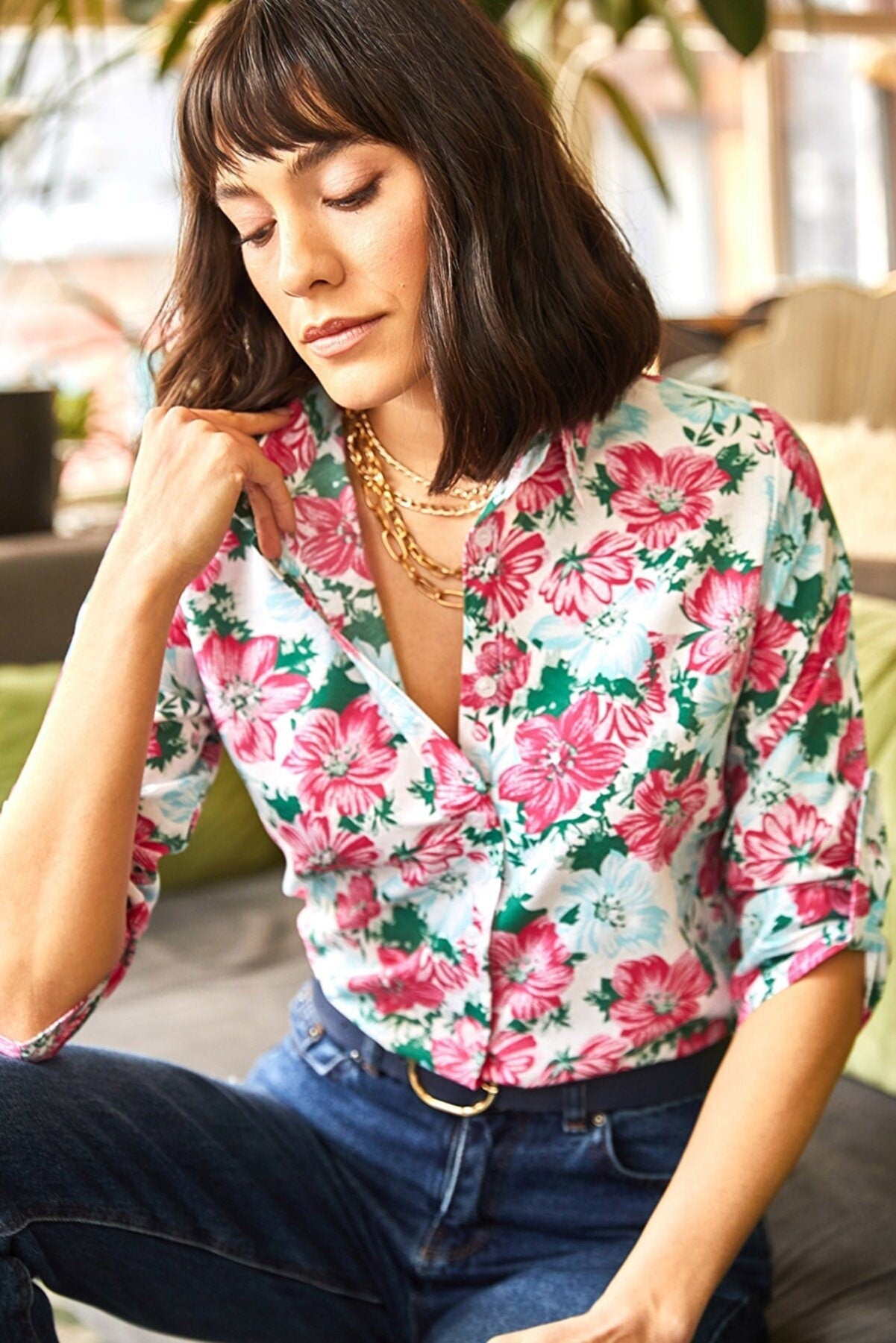 Pink Floral Print Long Sleeved Blouse