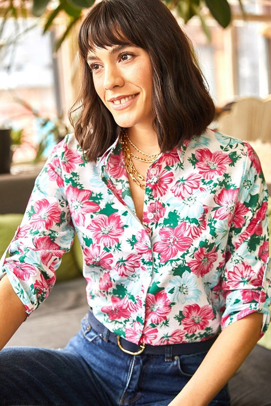 Pink Floral Print Long Sleeved Blouse
