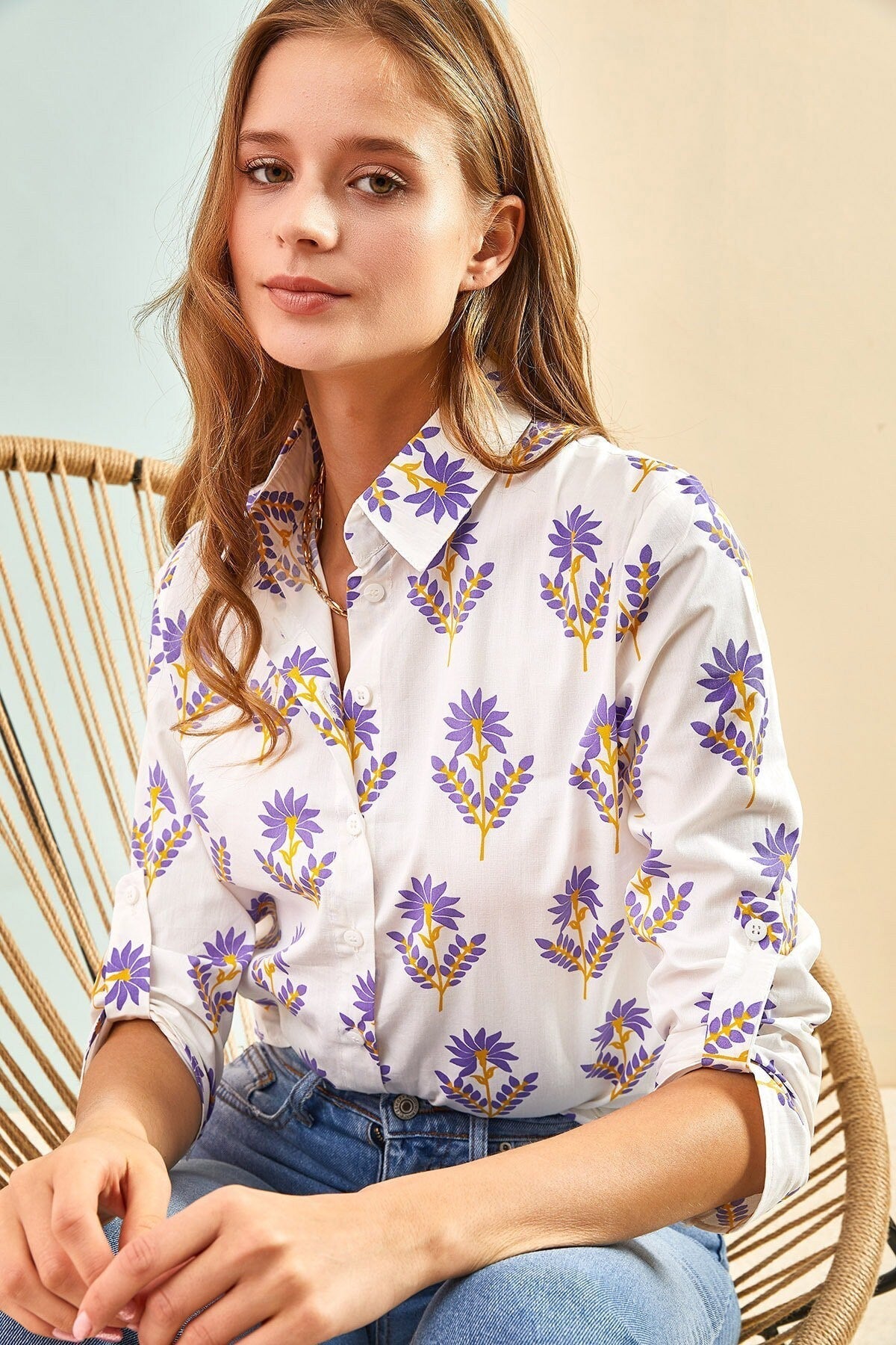 Purple Floral White Blouse