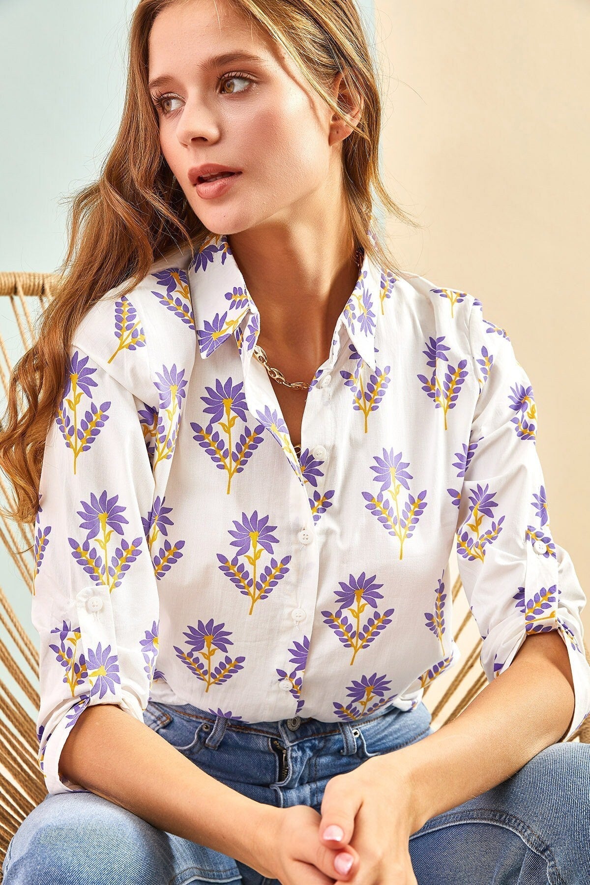 Purple Floral White Blouse