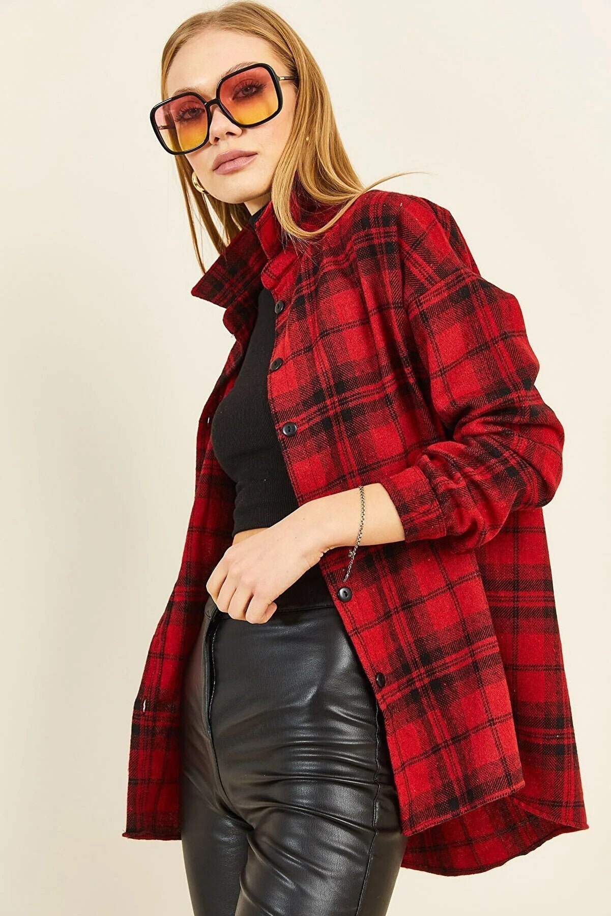 Long Sleeve Buffalo Plaid Flannel Blouse