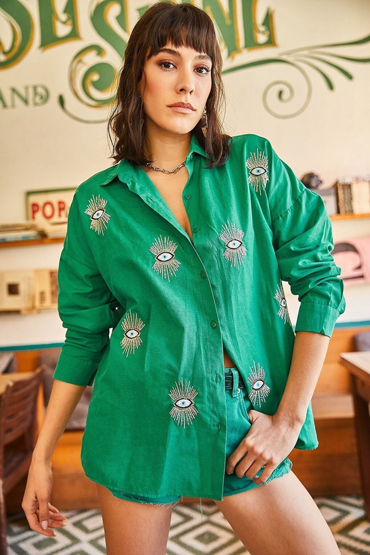 Evil Eye Embroidered Cotton Blouse