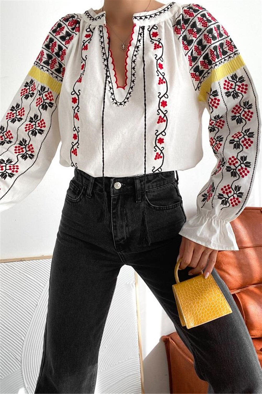 Ethnic Bohemian Floral Embroidered Blouse