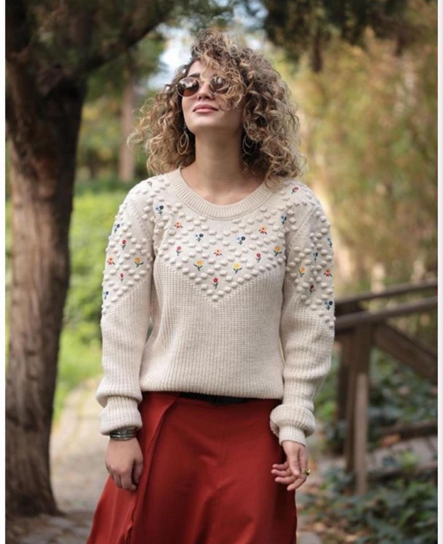 Whimsical Charm Cable Embroidered Knit Sweater