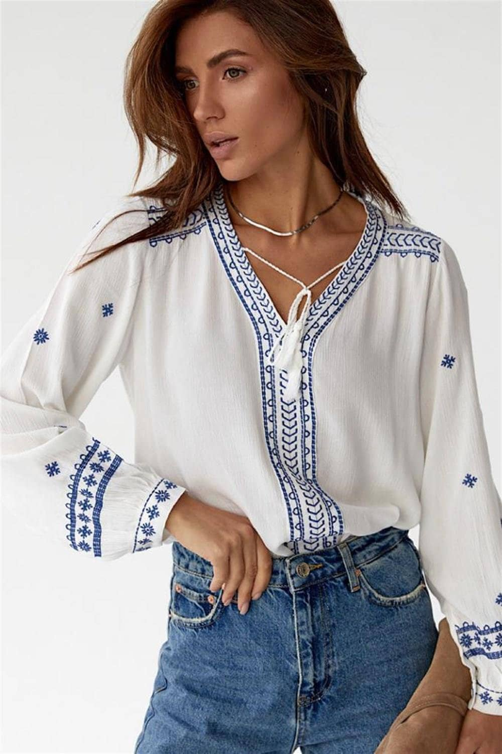 Blue Embroidered Minimalist White Blouse