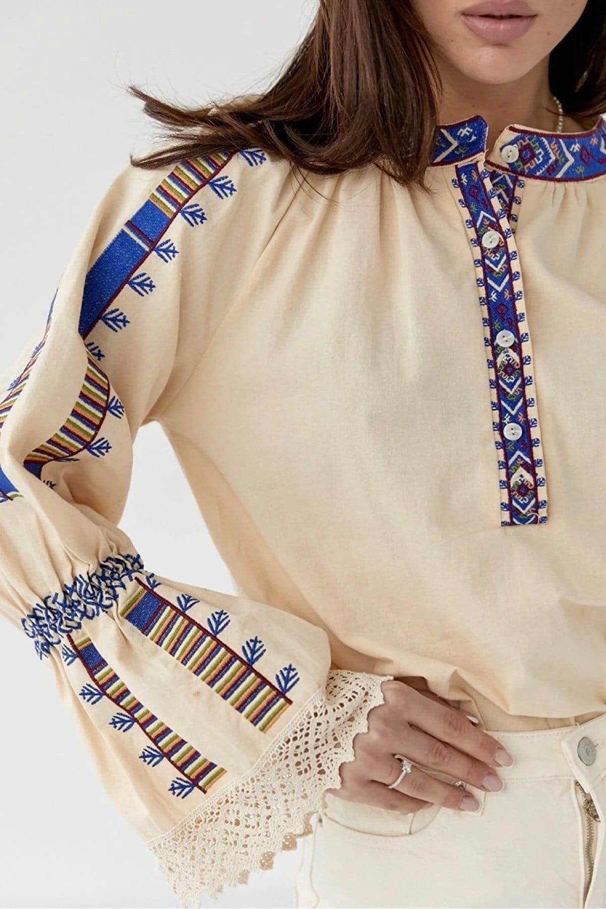 Ethnic Blue Embroidered Angel Sleeve Cotton Blouse